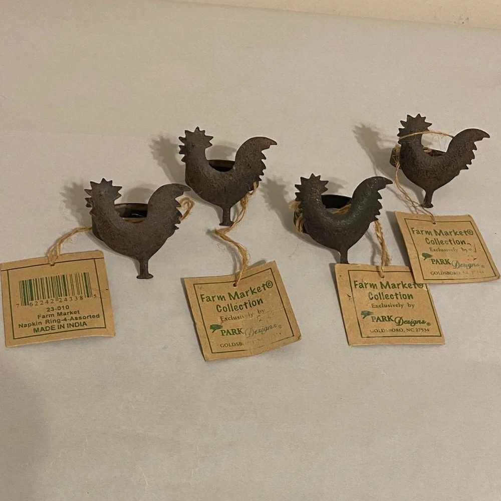 Brown Metal Chicken Rooster Napkin Rings Set of 4 Country Cottage Farmhouse